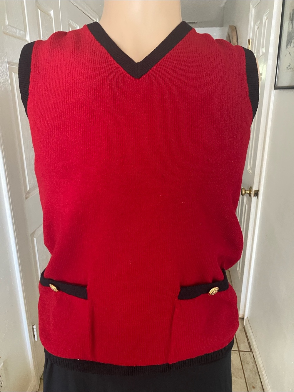 St. John Vintage Red Sleeveless V-Neck Knit Vest with Black Trim